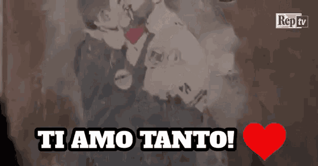a picture of a man kissing another man with the words ti amo tanto