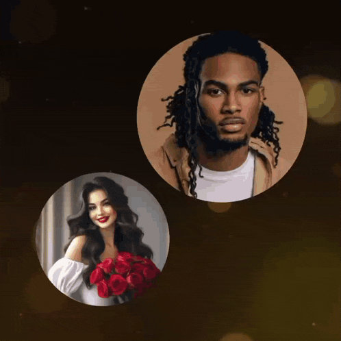 a man with dreadlocks and a woman with red roses are in gold circles