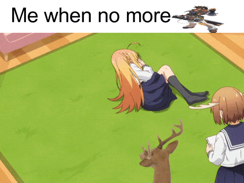 a girl laying on the floor with the words " me when no more " below her