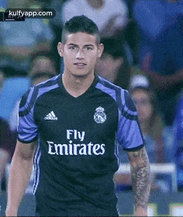 a soccer player wearing a black and purple fly emirates jersey is standing on the field .