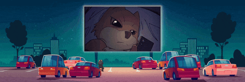 cars are parked in a parking lot watching a cartoon on a large screen