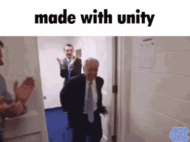 a man in a suit and tie is walking through a doorway with the words made with unity written on the bottom