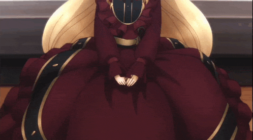 a girl with blonde hair is wearing a red dress with gold trim