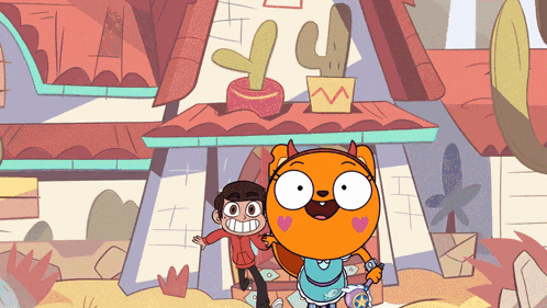 a cartoon of a boy and a cat standing in front of a house with a cactus on the roof
