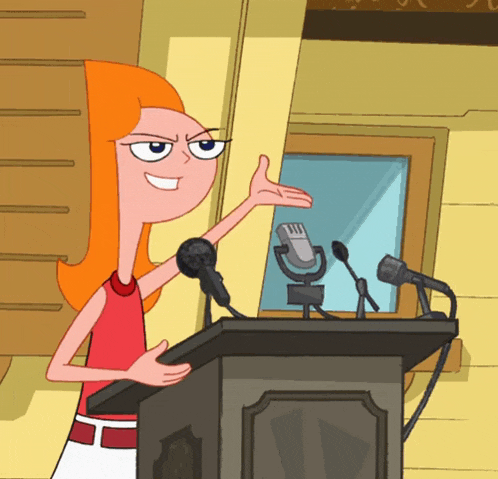 a cartoon character is standing at a podium with microphones