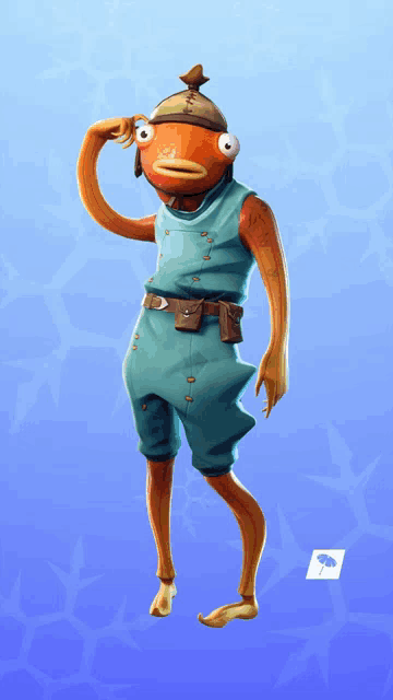 a fish with a hat on his head is standing in front of a blue background