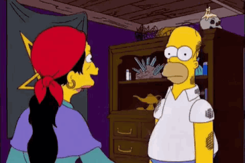 a cartoon of homer simpson talking to a gypsy woman