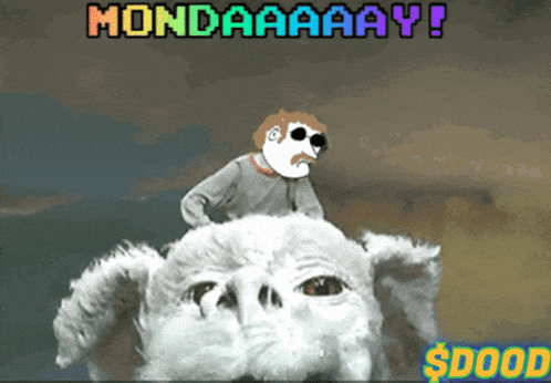 a cartoon of a man riding on the back of a white dog with mondaaaay written on it