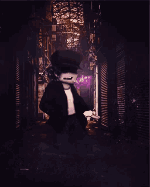 a cartoon character is standing in a dark alleyway holding a gun