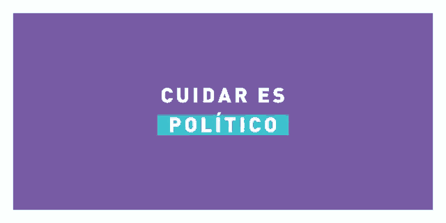 a blue and purple banner with the words cuidar es trabajo on it