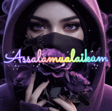 a woman in a purple hoodie is holding purple roses in front of her face and the words " assalamualaikum " are visible