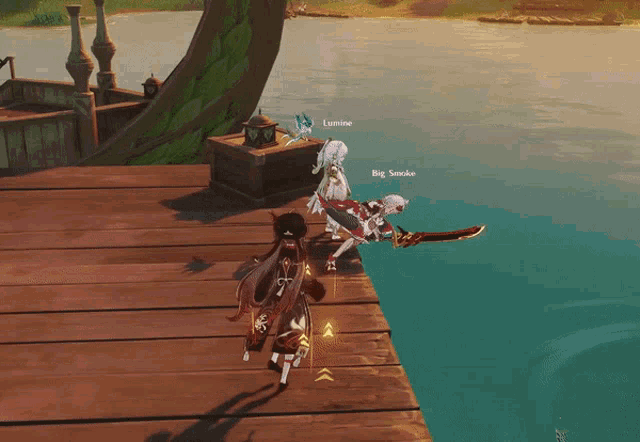 lumine and big smoke are standing on a wooden dock