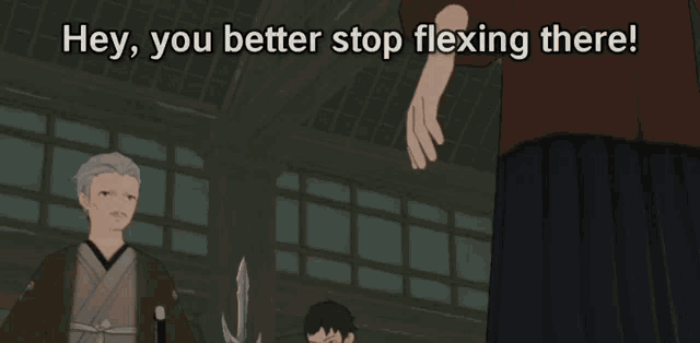 a cartoon character says hey you better stop flexing there while pointing