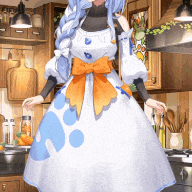 a girl in a white dress with blue and orange polka dots on it