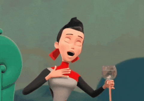 a cartoon character is holding a glass of water and making a surprised face .
