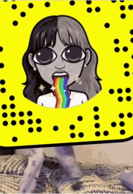 a cartoon of a girl with a rainbow in her mouth