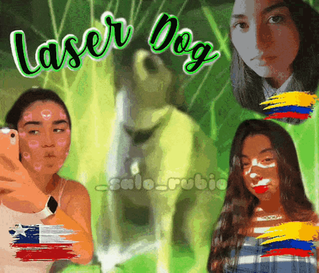 a girl taking a picture of herself with the words laser dog written above her