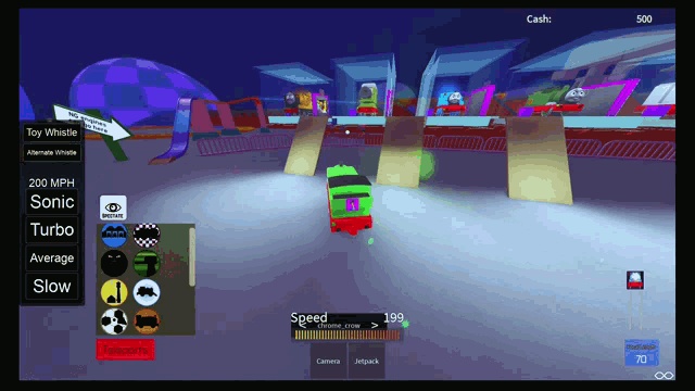 a screenshot of a video game shows a green toy car driving down a track