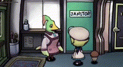 a cartoon scene with a sign that says janitor