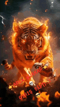 a painting of a tiger on fire with a skull and sunglasses
