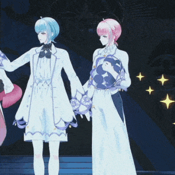 two anime characters are standing next to each other in a dark room