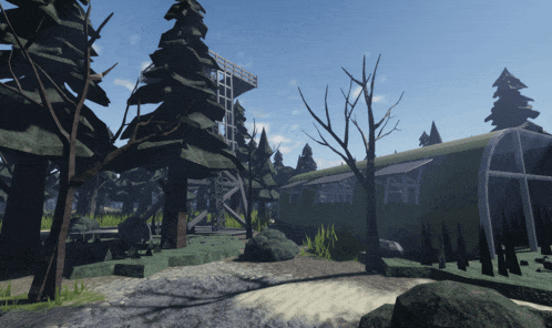 a computer generated image of a forest with trees and buildings