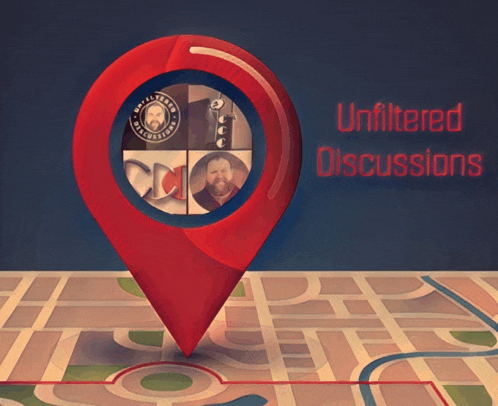 a red pin on a map with the words unfiltered discussions below it