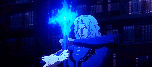 a man with long hair is holding a sword and a blue light is coming out of it .