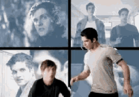 a collage of four pictures of a man in a t-shirt