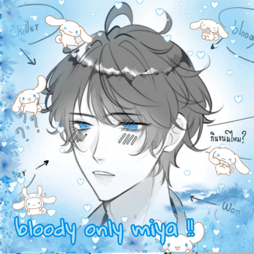 a drawing of a boy with the words bloody only miya written on the bottom