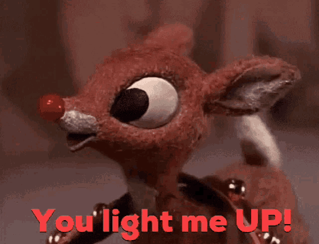 a stuffed reindeer with a red nose and the words " you light me up " below it