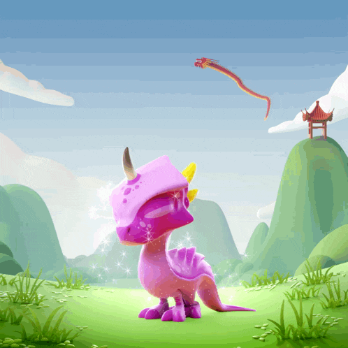 a cartoon illustration of a purple dragon in a field with a dragon flying in the background