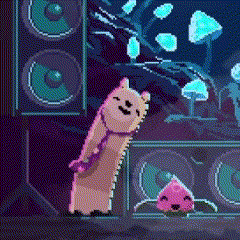 gif of a llamaworm wearing a purple tie swaying back and forth while a small pink flower bud jumps up and down. they are dancing in a club.