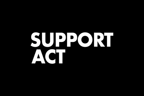 a black background with white text that says support act