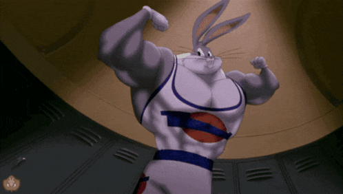 bugs bunny from space jam is flexing his muscles in a locker room