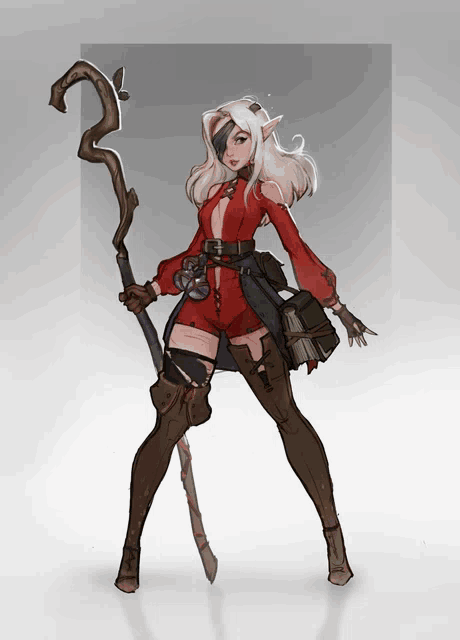 a drawing of a female elf holding a cane and a book