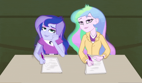 a cartoon of two girls sitting at a table