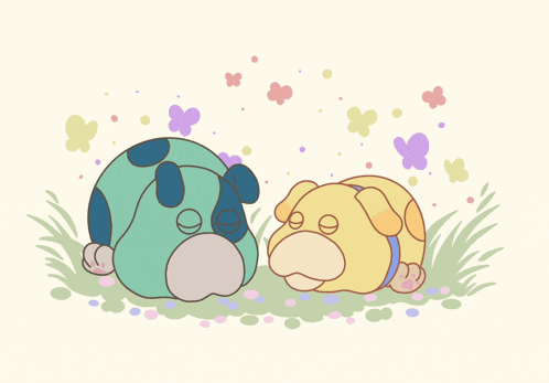 two cartoon dogs are laying in the grass with butterflies flying around them