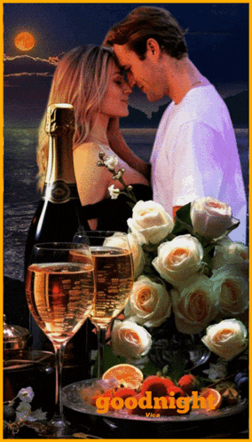 a picture of a man and woman with a bottle of champagne and glasses of wine says goodnight