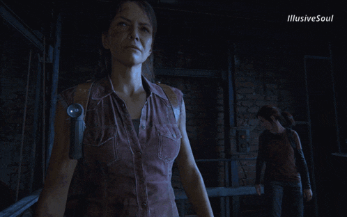 two women standing next to each other in a dark room with illusive soul written on the bottom right