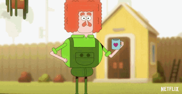 a cartoon character holding a cup of coffee with a heart on it