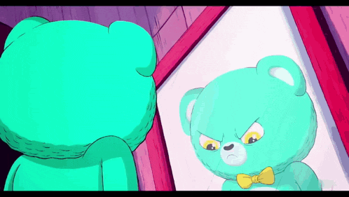 a teddy bear with a bow tie looks at itself in a mirror