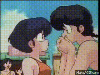 a man and a woman are looking at each other in a cartoon .