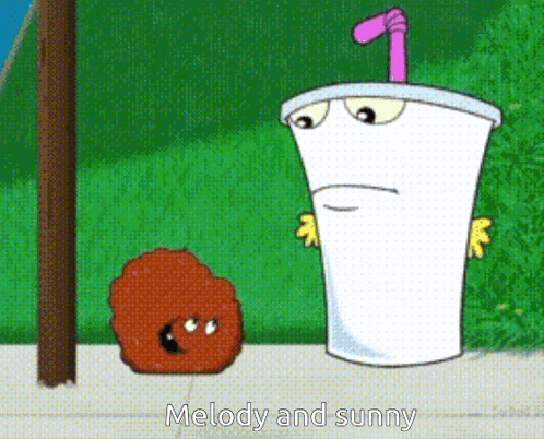 a cartoon character says melody and sunny next to a cup with a straw