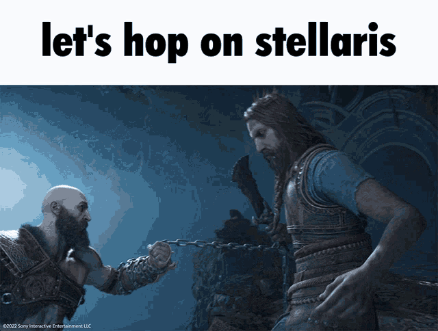 a video game scene with the words let 's hop on stellaris on the bottom