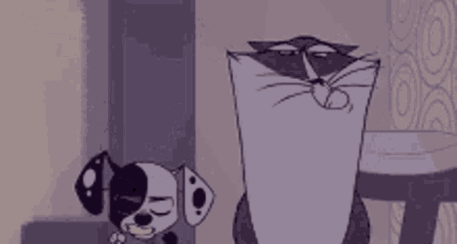 a black and white cartoon dog and a cat are standing next to each other .