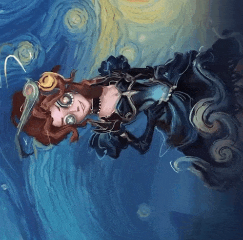 a painting of a woman in a blue dress laying on her back