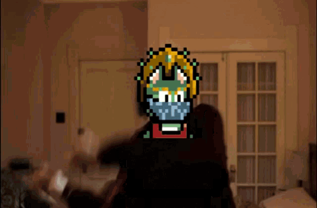a pixel art image of a person with a mask on