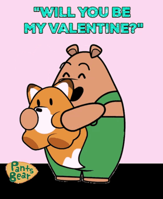 a cartoon of a bear holding a stuffed animal with the words " will you be my valentine " above it