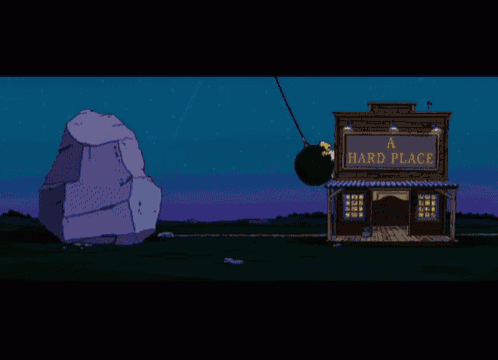 a cartoon of homer simpson hanging from a rock in front of a hard place